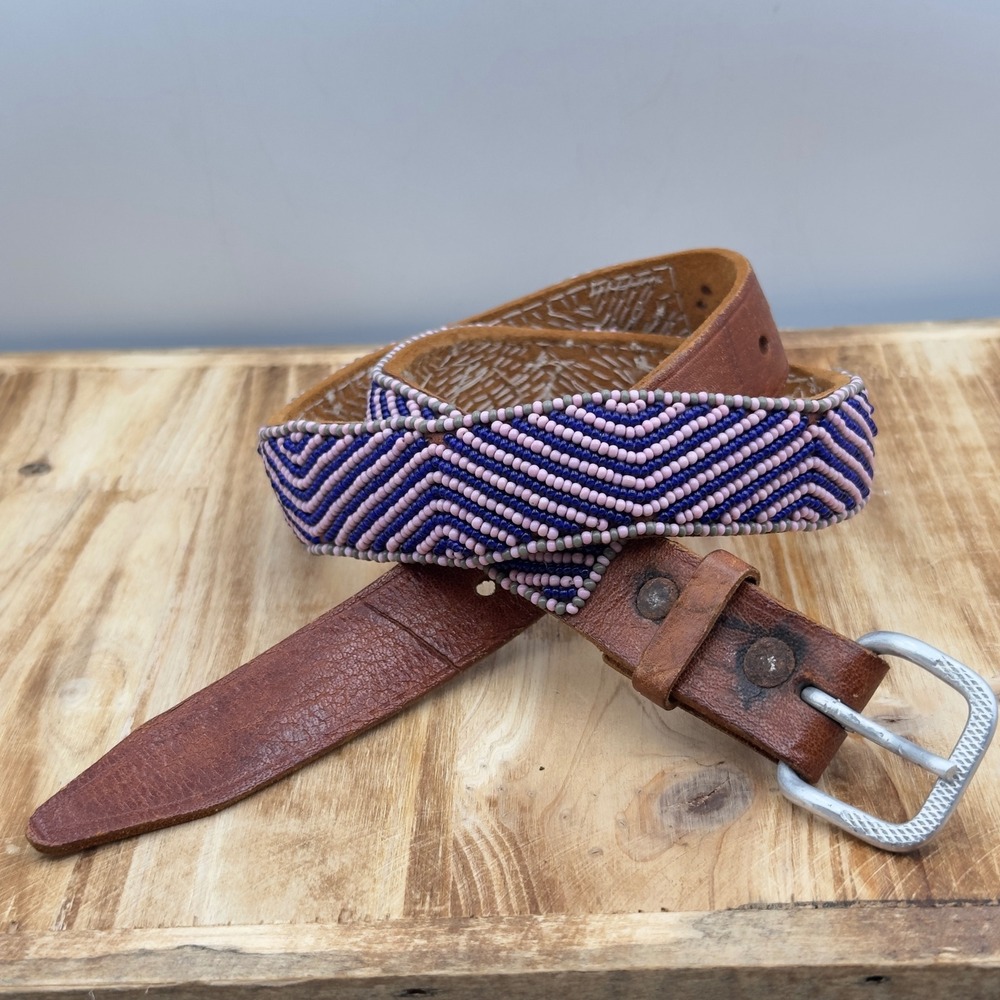 Beaded Leather Belt Brown Purple Pink Chevron Western Boho 36" Festival Chic